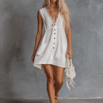 Elegant Vintage Western Lace V-neck Front-button White Cotton Mini Dress