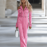 Fashionable Personalized Lapel Pink Denim Off-the-shoulder Long-sleeved Flared Jumpsuit