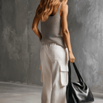 Vacation Retro Gray Mesh Knit Vest And White Cotton Linen Work Pants Set