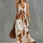 Vintage Brown Cow Print White Chiffon Sleeveless Maxi Dress