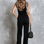 Retro Casual Sporty Color-blocked Black Sleeveless V-neck Cotton Jumpsuit