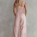 Casual Retro Ruffled Pink Sleeveless V-neck Button Cotton And Linen Jumpsuit