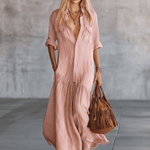 Casual Retro Western V-neck Front Button Short Sleeve Pink Cotton Linen Shirt Maxi Dress