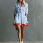 Retro-style Color-blocked Trim Blue Striped Long-sleeved Collared Cotton Mini Dress
