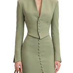 Elegant Green Long Sleeves Split Jacket & Skirt Set