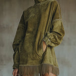 Gabrielle | Faux Suede Turtleneck Fringe Dress