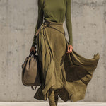 Olive Green Stretch Turtleneck Top And Faux Suede Maxi Skirt Set（Includes belt）