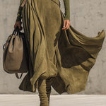 Olive Green Stretch Turtleneck Top And Faux Suede Maxi Skirt Set（Includes belt）