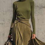 Olive Green Stretch Turtleneck Top And Faux Suede Maxi Skirt Set（Includes belt）