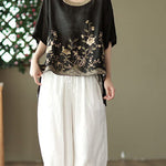 Organic Black Embroidered Low High Design Linen Tanks Short Sleeve