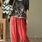 Organic Black Embroidered Low High Design Linen Tanks Short Sleeve