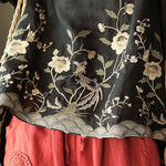 Organic Black Embroidered Low High Design Linen Tanks Short Sleeve