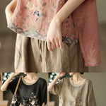 Organic Black Embroidered Low High Design Linen Tanks Short Sleeve