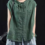 Organic Blackish Green Patchwork Ruffled Top Short Sleeve