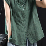 Organic Blackish Green Patchwork Ruffled Top Short Sleeve