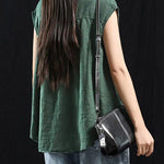 Organic Blackish Green Patchwork Ruffled Top Short Sleeve
