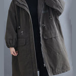 Organic Grey Hooded Zippered Pockets Winter Long sleeve Coat
