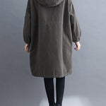 Organic Grey Hooded Zippered Pockets Winter Long sleeve Coat