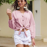 Tie Knot Front Tops Cotton Blouse Shirts - Zeagoo (Us Only)