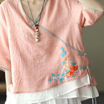 Pink V Neck Embroideried Summer Ramie Half Sleeve Tops