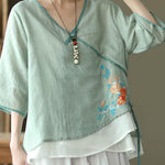 Pink V Neck Embroideried Summer Ramie Half Sleeve Tops