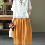 Pink V Neck Embroideried Summer Ramie Half Sleeve Tops