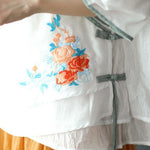 Pink V Neck Embroideried Summer Ramie Half Sleeve Tops