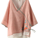 Pink V Neck Embroideried Summer Ramie Half Sleeve Tops