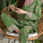 Plus Size Green Peter Pan Collar Patchwork Print Ice Silk Pajamas Two Pieces Set Spring
