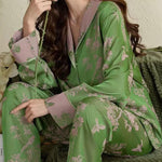 Plus Size Green Peter Pan Collar Patchwork Print Ice Silk Pajamas Two Pieces Set Spring