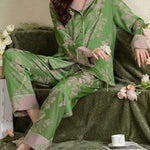 Plus Size Green Peter Pan Collar Patchwork Print Ice Silk Pajamas Two Pieces Set Spring