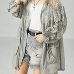 Plus Size Grey Hooded Sequins Patchwork Drawstring UPF 50+ Coat Jacket Summer