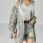 Plus Size Grey Hooded Sequins Patchwork Drawstring UPF 50+ Coat Jacket Summer