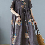 Plus Size Grey Retro Button Summer Print Half Sleeve Maxi Dress