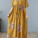 Plus Size Grey Retro Button Summer Print Half Sleeve Maxi Dress