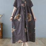 Plus Size Grey Retro Button Summer Print Half Sleeve Maxi Dress