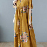 Plus Size Grey Retro Button Summer Print Half Sleeve Maxi Dress