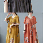 Plus Size Grey Retro Button Summer Print Half Sleeve Maxi Dress