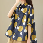 Plus Size Navy Peter Pan Collar Print Cotton Shirt Tops Summer