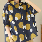 Plus Size Navy Peter Pan Collar Print Cotton Shirt Tops Summer