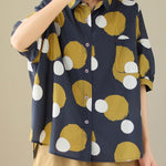 Plus Size Navy Peter Pan Collar Print Cotton Shirt Tops Summer