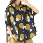 Plus Size Navy Peter Pan Collar Print Cotton Shirt Tops Summer