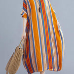 Plus Size Orange O-Neck Striped Summer Cotton Maxi Dresses