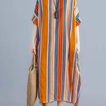 Plus Size Orange O-Neck Striped Summer Cotton Maxi Dresses