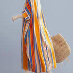 Plus Size Orange O-Neck Striped Summer Cotton Maxi Dresses