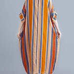 Plus Size Orange O-Neck Striped Summer Cotton Maxi Dresses