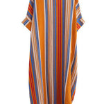 Plus Size Orange O-Neck Striped Summer Cotton Maxi Dresses