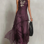 Purple sleeveless chiffon embroidered maxi dress