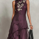 Purple sleeveless chiffon embroidered maxi dress