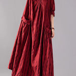 Red Big Pockets Linen Vacation Dresses Wrinkled Long Sleeve
